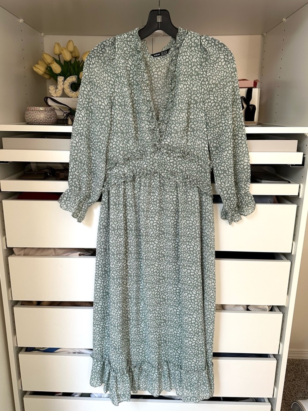 SHEIN Sage Green V neck Midi Dress with sleeves